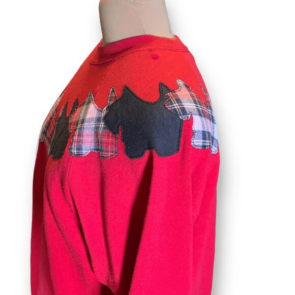 Vintage 80s Red Scottie Dog Applique Sweatshirt XL Plaid Preppy Holiday OOAK - Picture 2 of 9